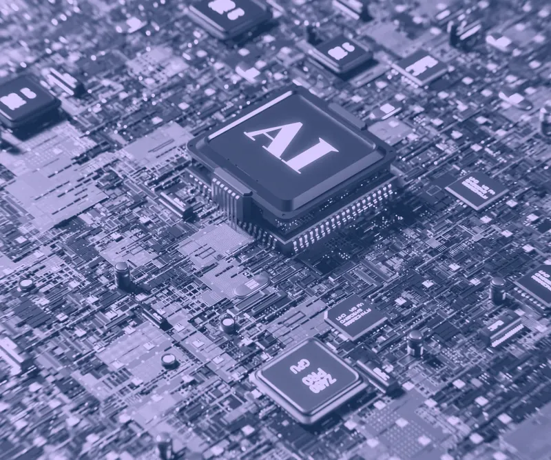 Close-up of a circuit board with a chip labelled AI.